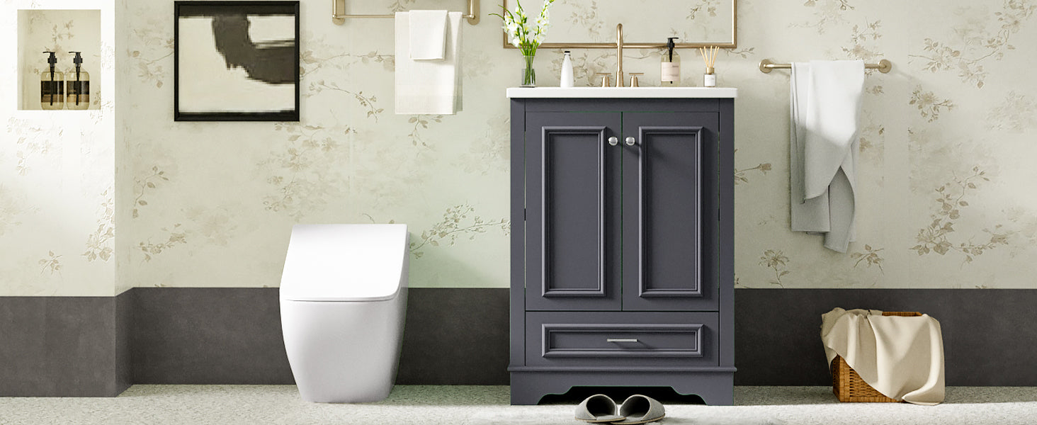 Bathroom Vanity with Ceramic Sink and Modern Freestanding Storage Cabinet, Soft-Close Doors