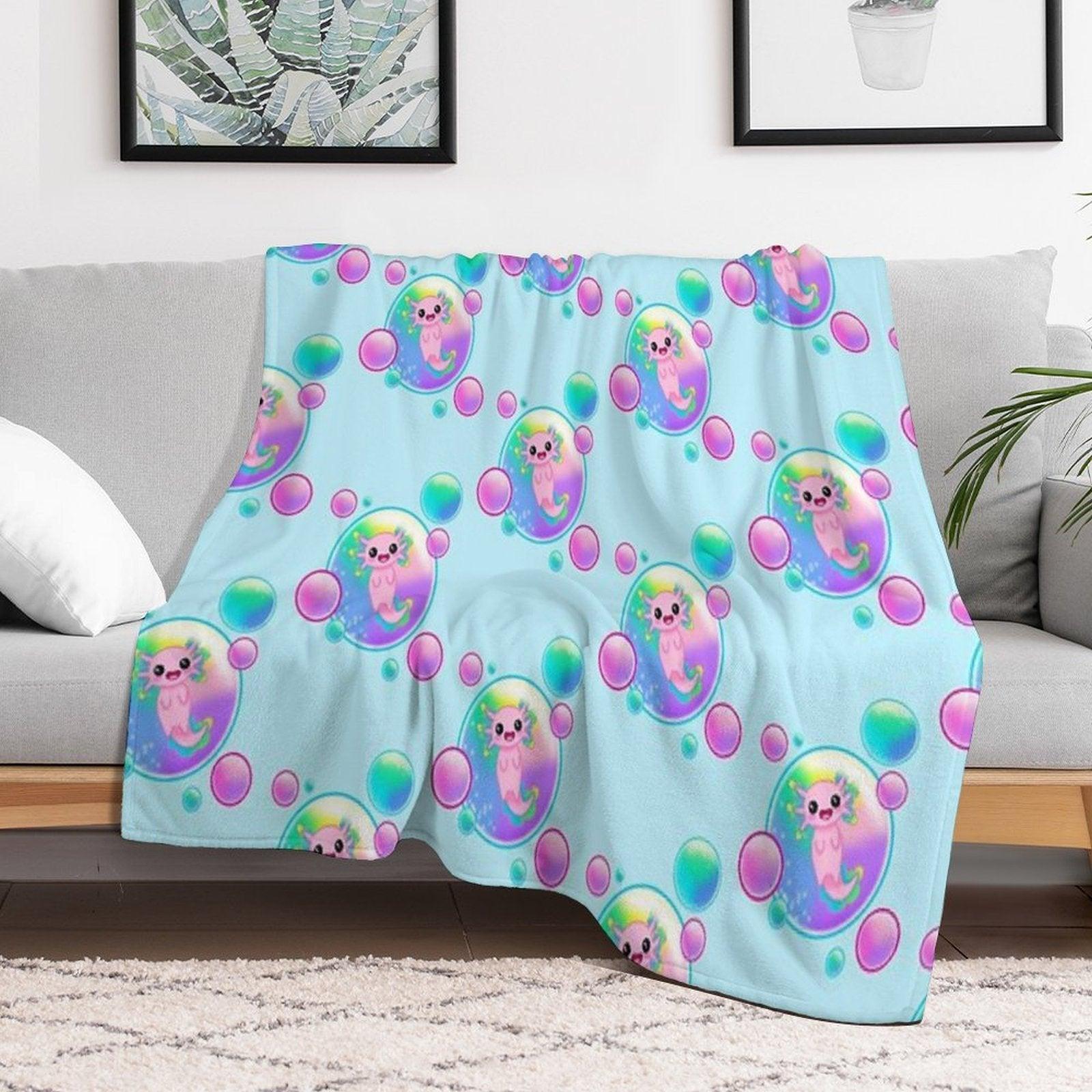Kawaii Axolotl with Bubbles Throw Blanket