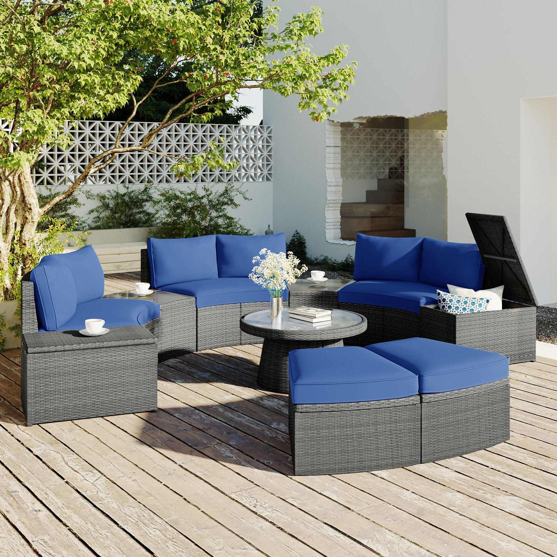 10-Piece Outdoor Sectional Half Round Patio Rattan Sofa Set, PE Wicker Conversation Furniture Set for Free Combination, Blue