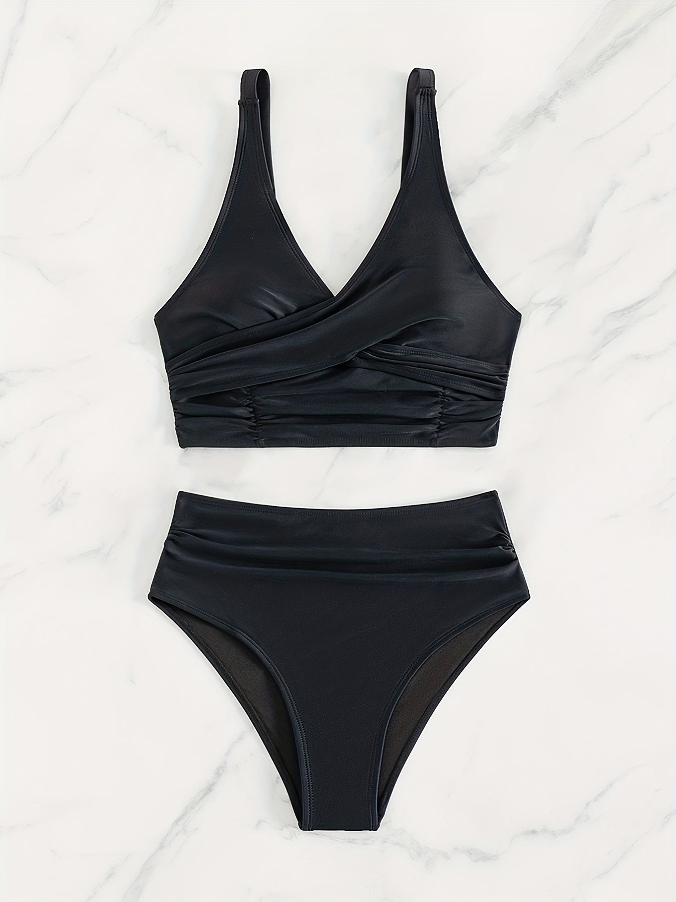 Bikini Solid Black Twist Front High Waist 2 Piece Swimsuit for Women – Stretchy V Neck Bikini Set with Ruched Tummy Control and Cross Strape Detail – Quick Drying Polyamide Swimwear for Beachwear Poolside and Summer Travel