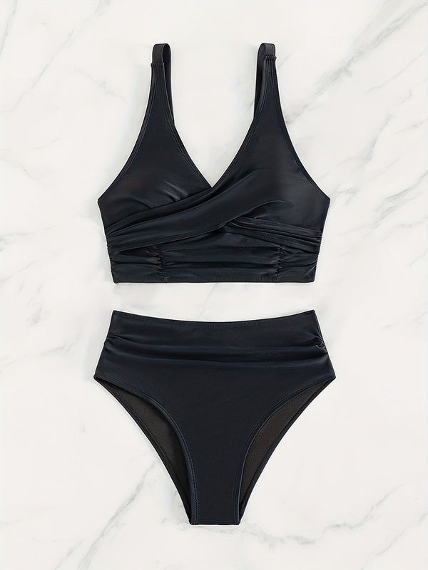 Bikini Solid Black Twist Front High Waist 2 Piece Swimsuit for Women – Stretchy V Neck Bikini Set with Ruched Tummy Control and Cross Strape Detail – Quick Drying Polyamide Swimwear for Beachwear Poolside and Summer Travel