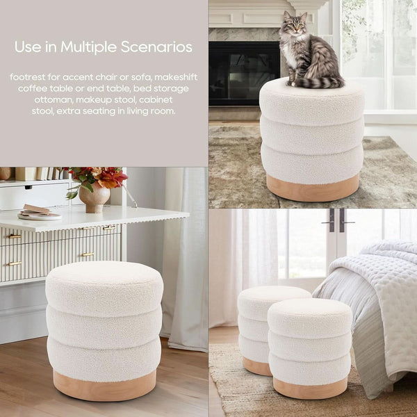 Cream Tufted Sherpa Ottoman Footstool Round Cushion