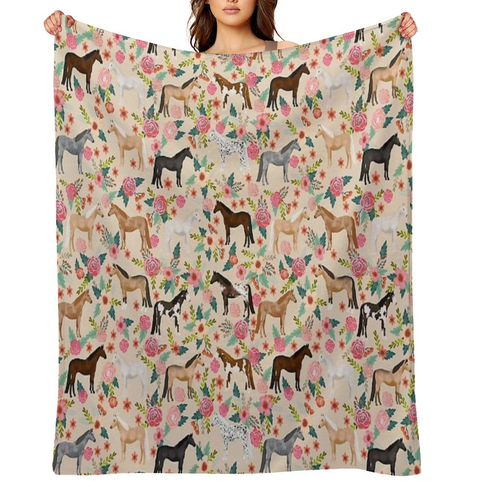 Horses Floral Horse Breeds Farm Animal Pets Throw Blanket