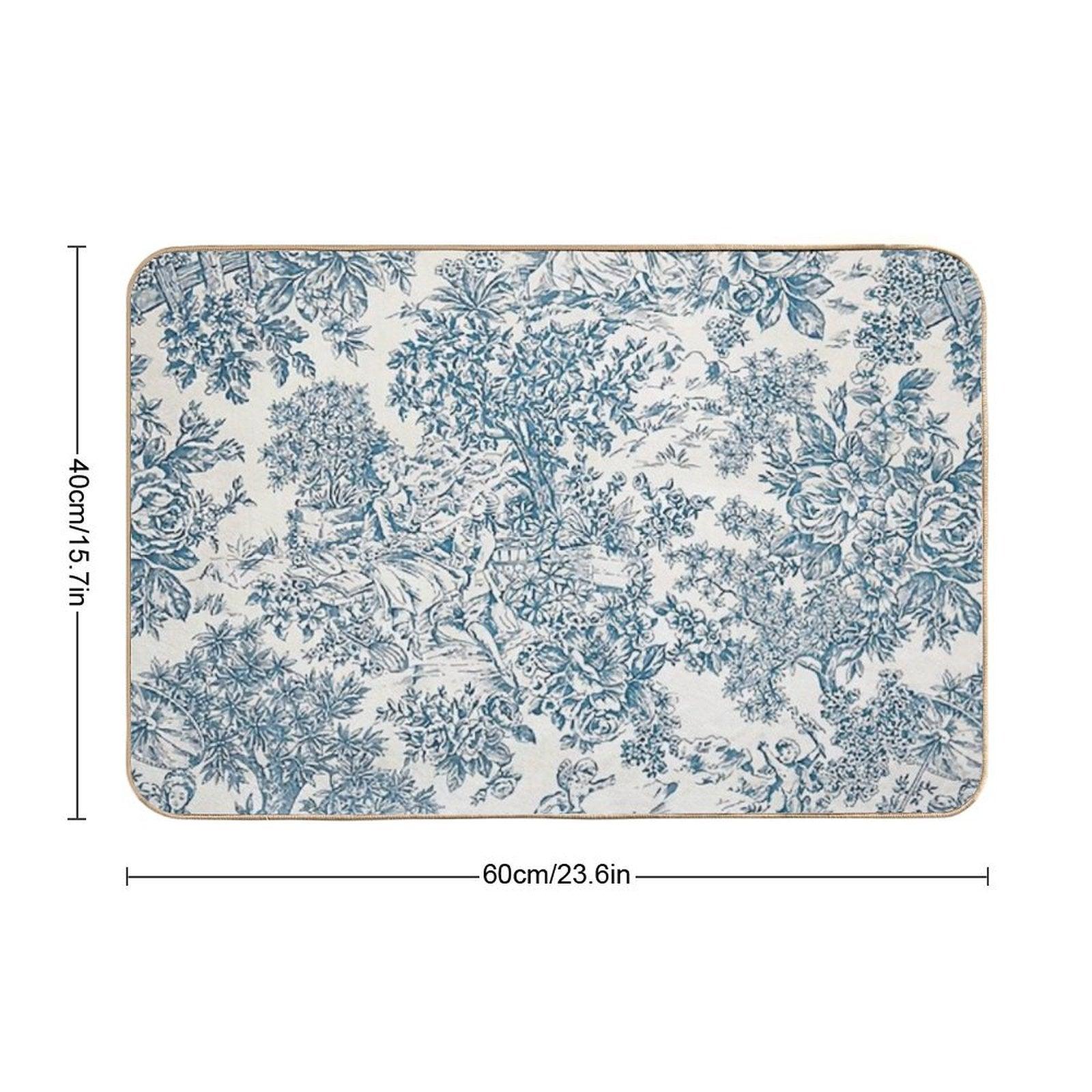 Powder Blue Romantic Flowers French Toile Design Bath Mat
