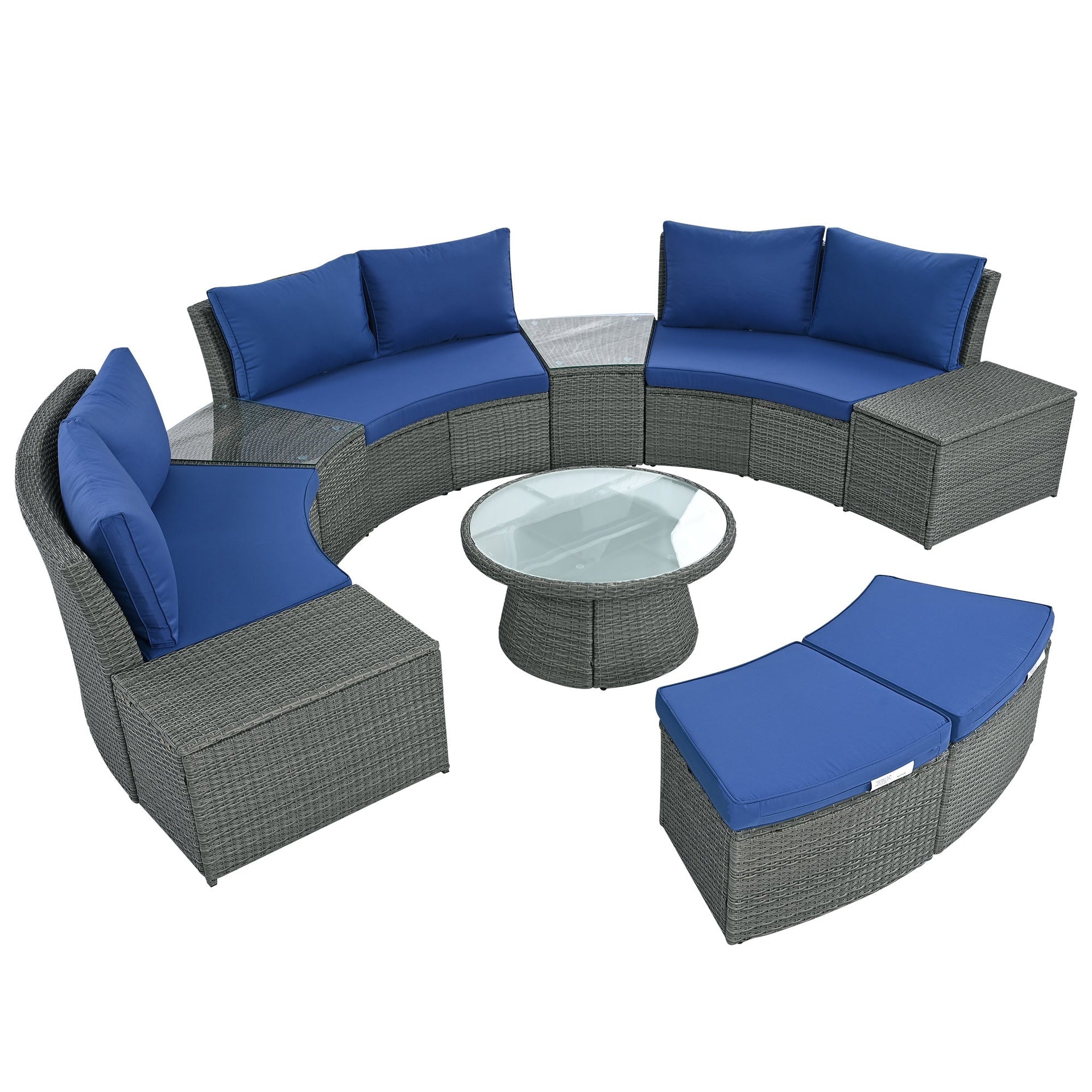 10-Piece Outdoor Sectional Half Round Patio Rattan Sofa Set, PE Wicker Conversation Furniture Set for Free Combination, Blue