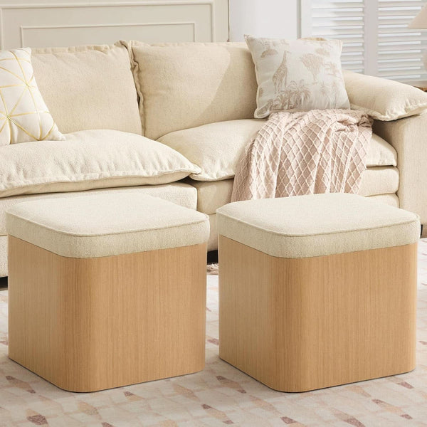 Beige Linen Upholstered Storage Ottoman With Footrest