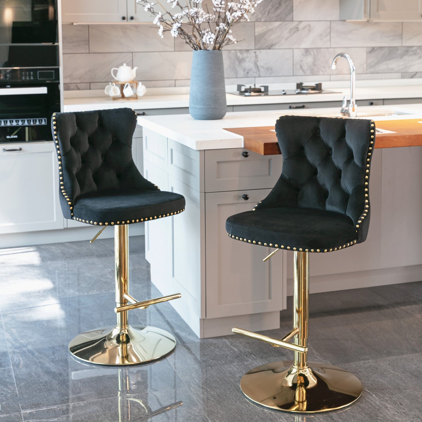 Golden Swivel Velvet Adjustable Barstools with Backs Upholstered Tufted for Home Pub