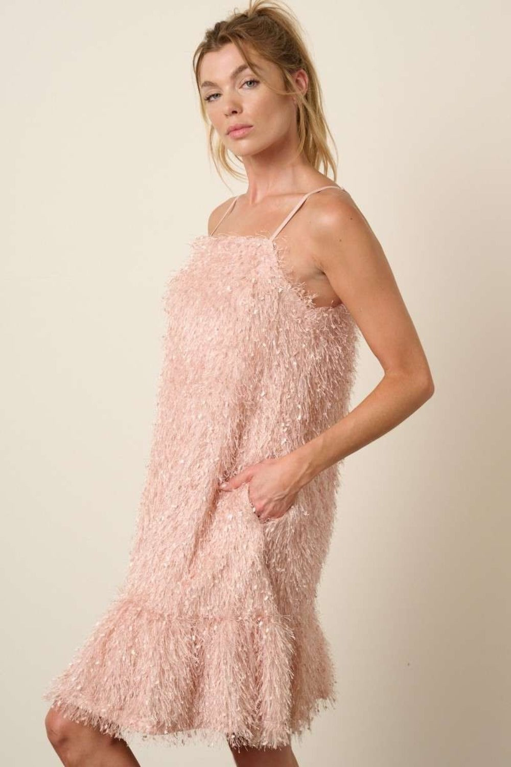 Feather Ruffle Hem Mini Cami Dress For Women – Ruffled Mini Dress, Cami Dress, Flatterting, Feather Detail Dress, Playful Mini Dress, Warm Weather Dress