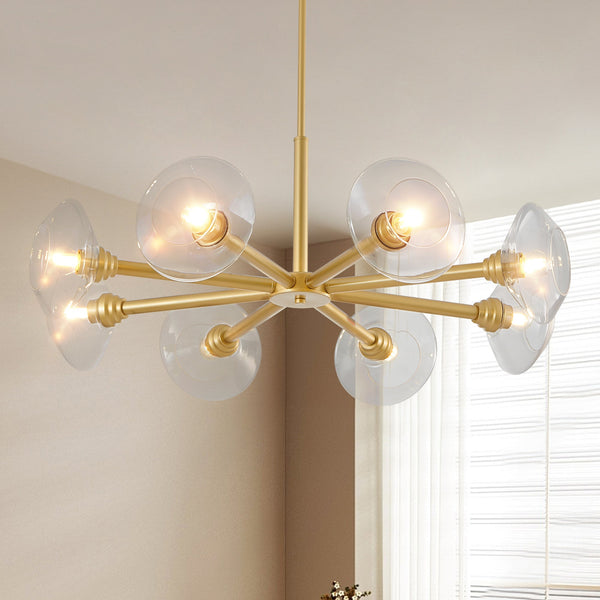 Modern Gold 8-Light Sputnik Chandelier with Clear Glass Shades, Mid-Century Hanging Pendant Light Fixture for Dining Room, Living Room, or Kitchen (Bulb Not Included)