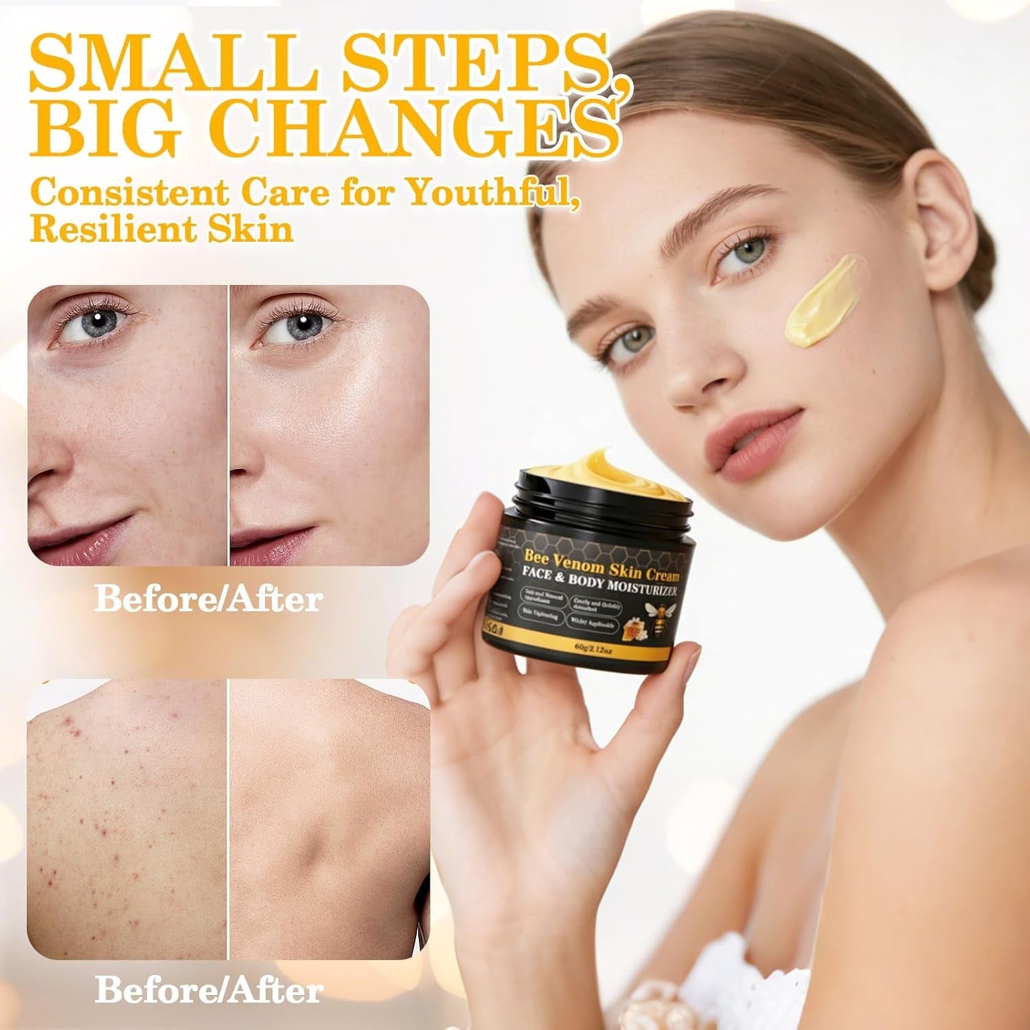 2PCS Bee Venom Skin Cream, Natural Ingredients Non-Irritating Bee Venom Cream, Wrinkle Lift & Firming, Reduces Blemishes, for Face & Full Body, 2 * 60G