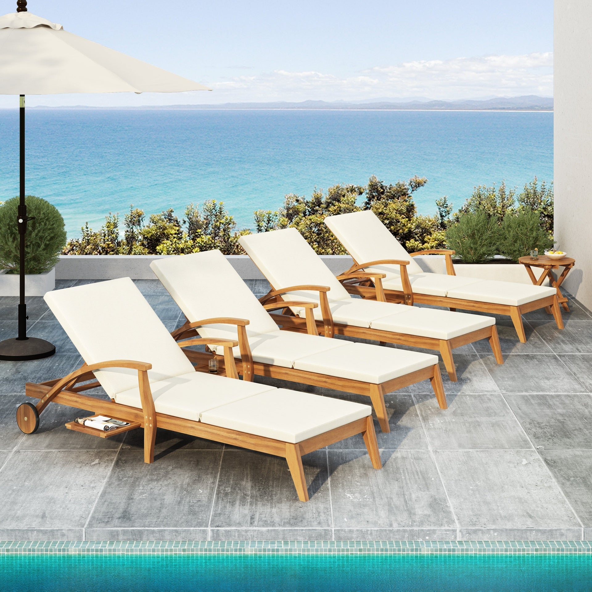 Versatile Chaise Lounge with Wheels - Acacia Wood Recliner for Patio, Cream Cushion, Adjustable Backrest