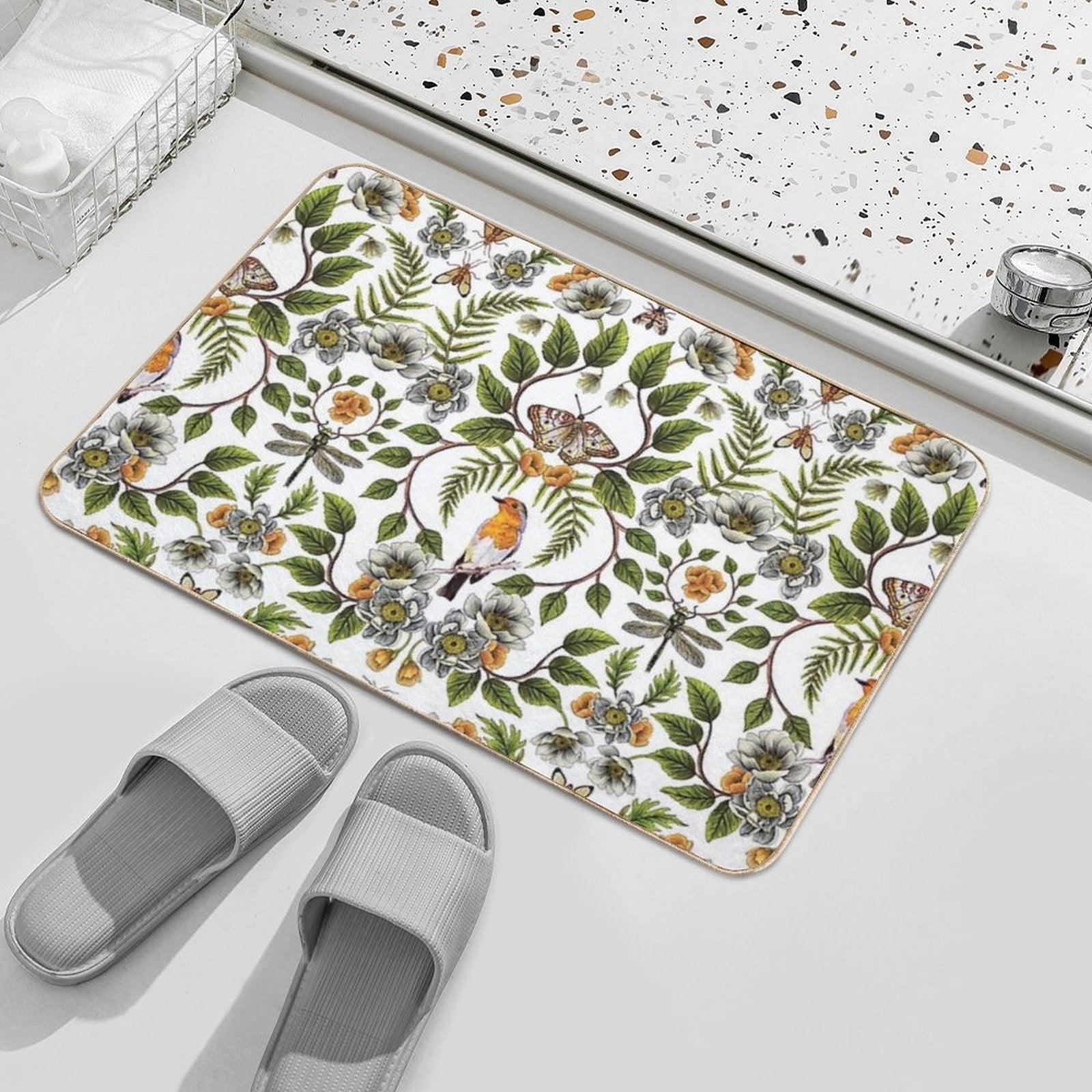 Spring Reflection - FloralBotanical Pattern W Birds, Moths, Dragonflies & Flowers Bath Mat