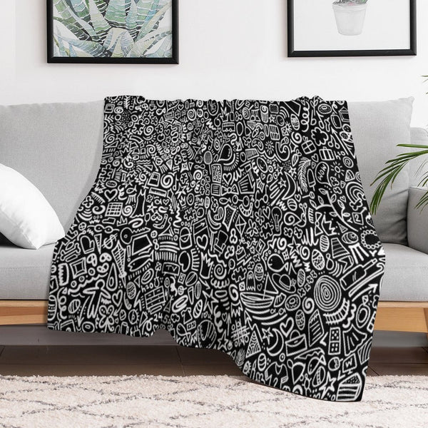 Hidden Images Doodle Art on Black Machine-washable Throw Blanket