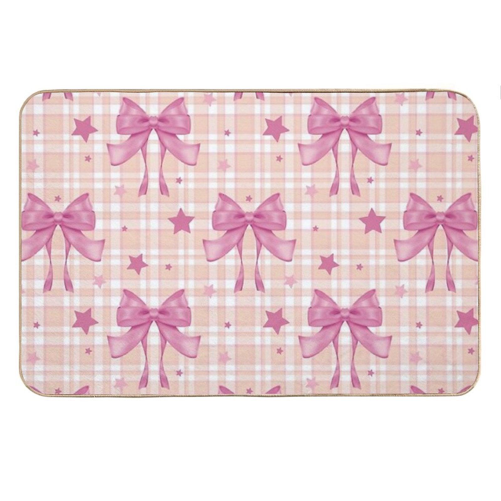 Pink Plaid, Bows And Stars Bath Mat