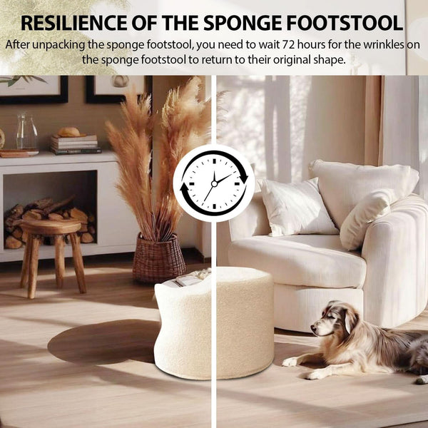 Round Ottoman Foot Rest 17x17x14 White Boucle Fabric
