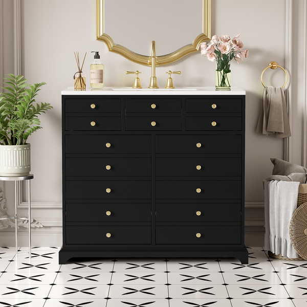 36'' Bathroom Vanity with Ceramic Sink Combo, Solid Wood Frame Bathroom Storage Cabinet, Freestanding Vanity Set with 2 Drawers& Soft Closing Doors, Black