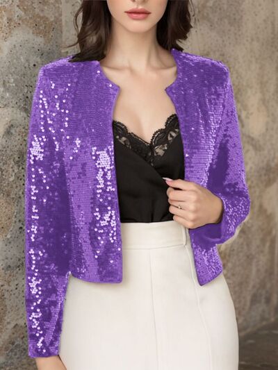 Elegant Women Full-Size Sequin Open Front Cropped Jacket With Glamorous Sparkle Luxury Women Party Jacket