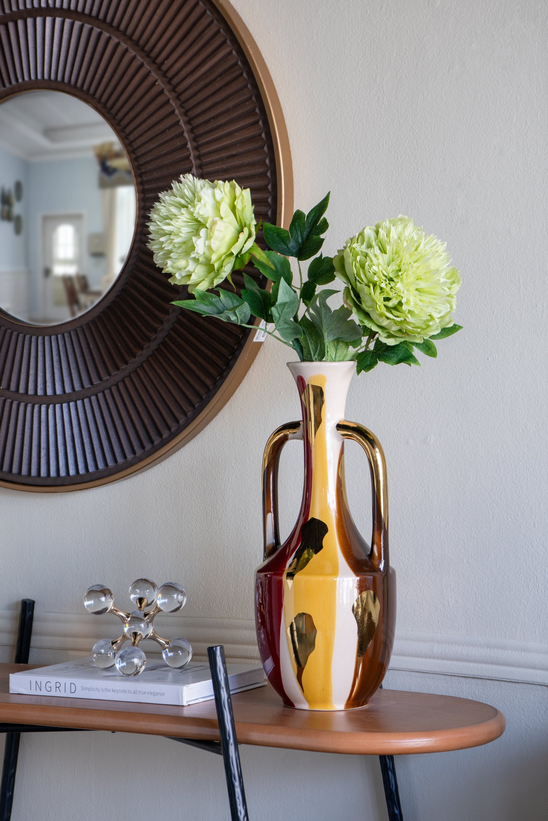 6.8x6.8x16.9' Curved Ceramic Vase with Handles and Abstract Multicolored Finish