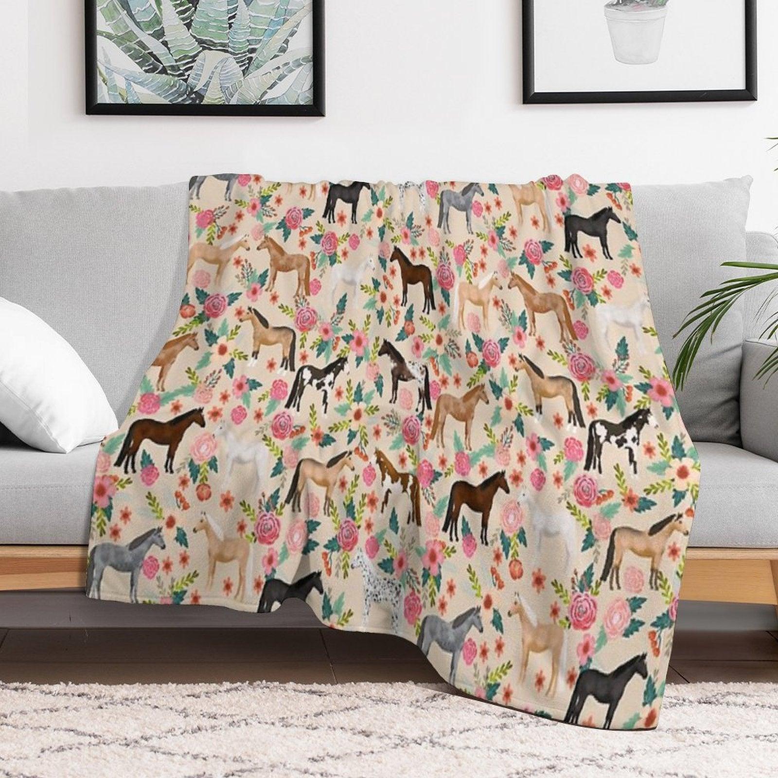 Horses Floral Horse Breeds Farm Animal Pets Throw Blanket