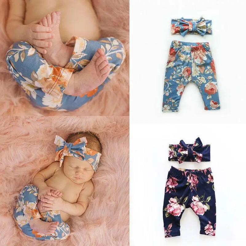 Baby Girls Floral Printed Elastic Waist Big Flower Bottoms Leggings Pants Toddler Trousers With Bow In Set For Girls And Baby and Newborn Baby
