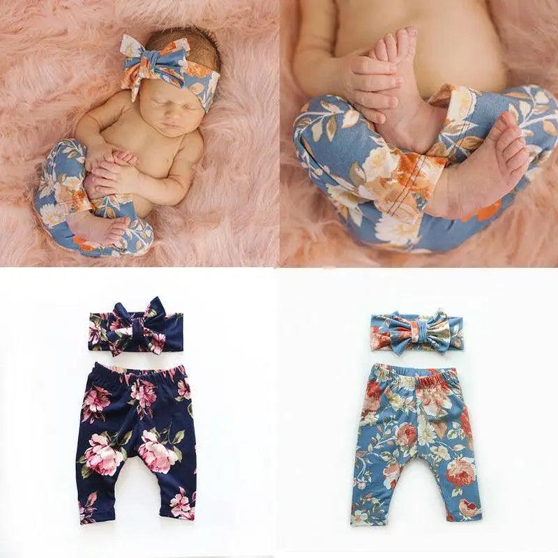 Baby Girls Floral Printed Elastic Waist Big Flower Bottoms Leggings Pants Toddler Trousers With Bow In Set For Girls And Baby and Newborn Baby