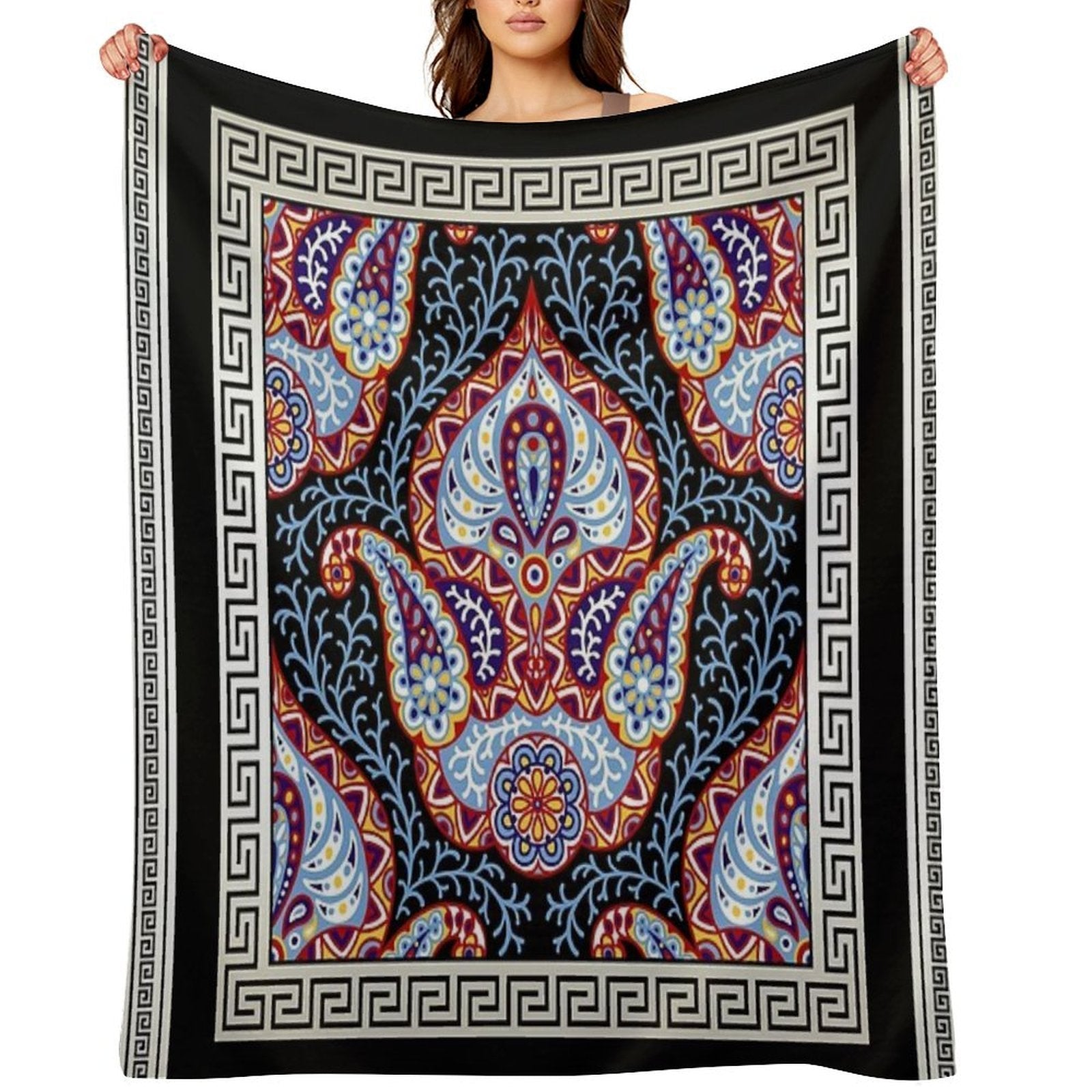 Greek Key Cream White Black Intricate Floral Gift-ready Throw Blanket