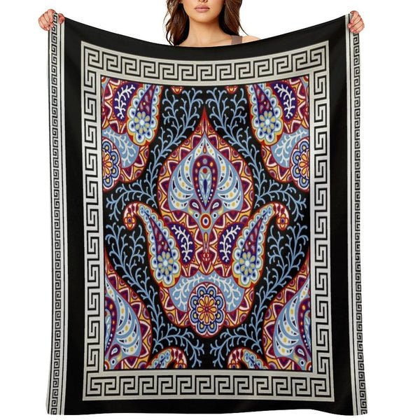 Greek Key Cream White Black Intricate Floral Gift-ready Throw Blanket