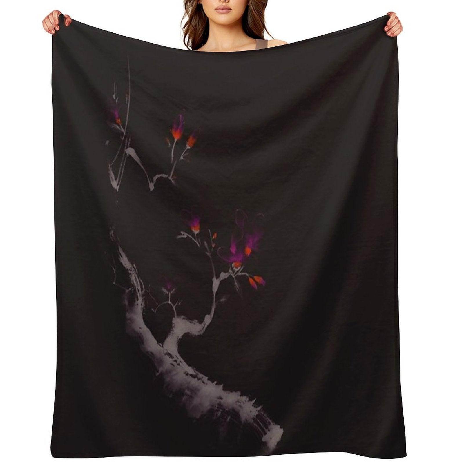 Enchanting Oriental Artwork of A Budding Sakura Branch with Deep Violet Flowers Art Print Throw Blanket