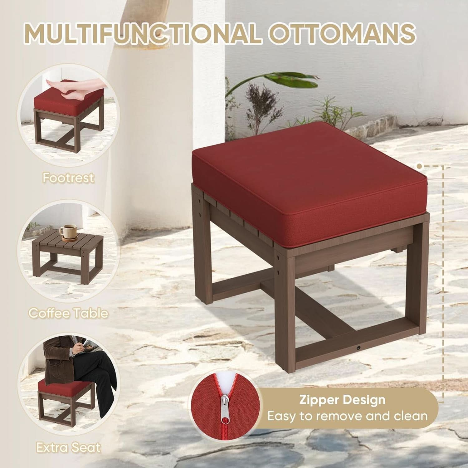 Natural Cedar Outdoor Ottomans With Removable Cushions