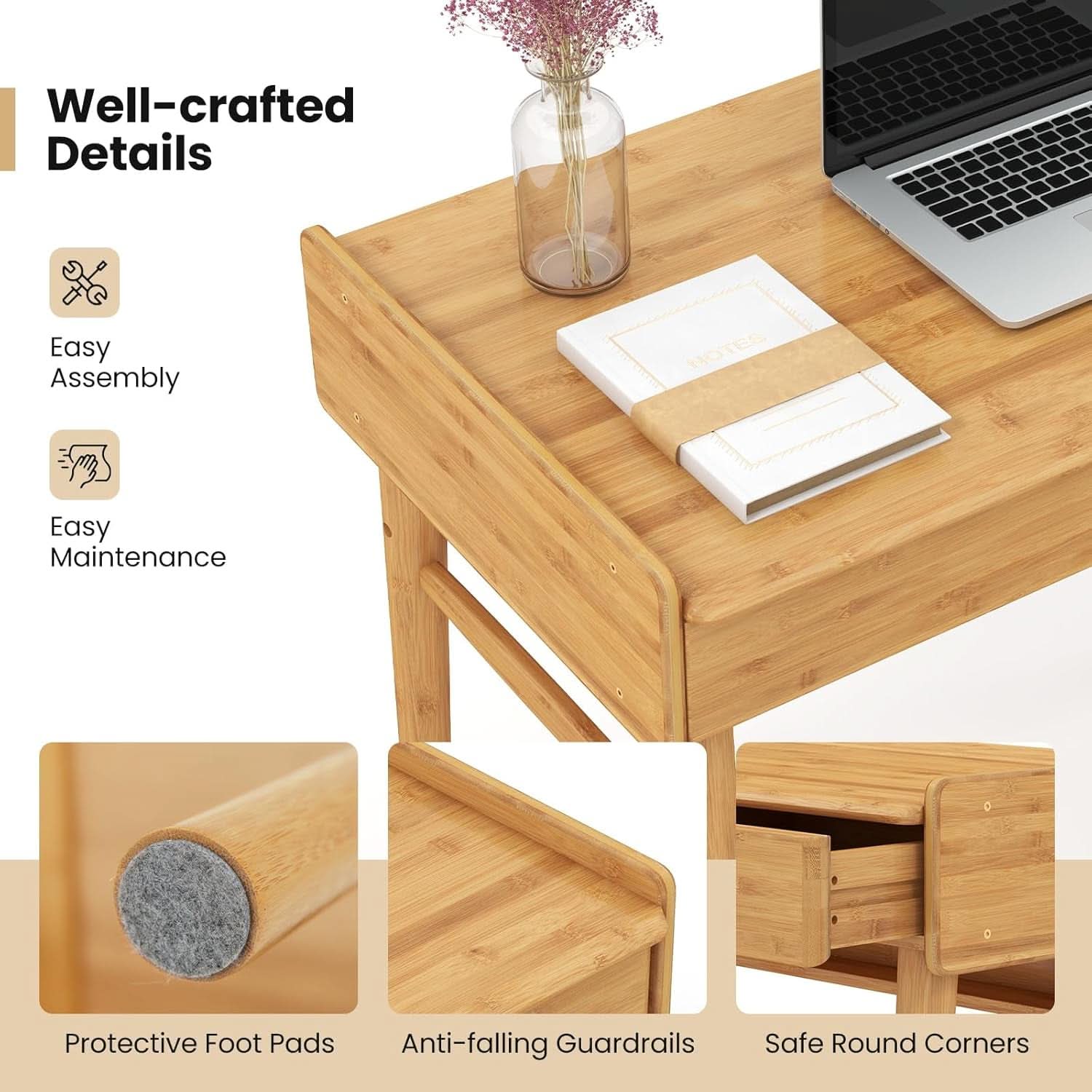 Bamboo Computer Desk with Drawers and Open Shelf