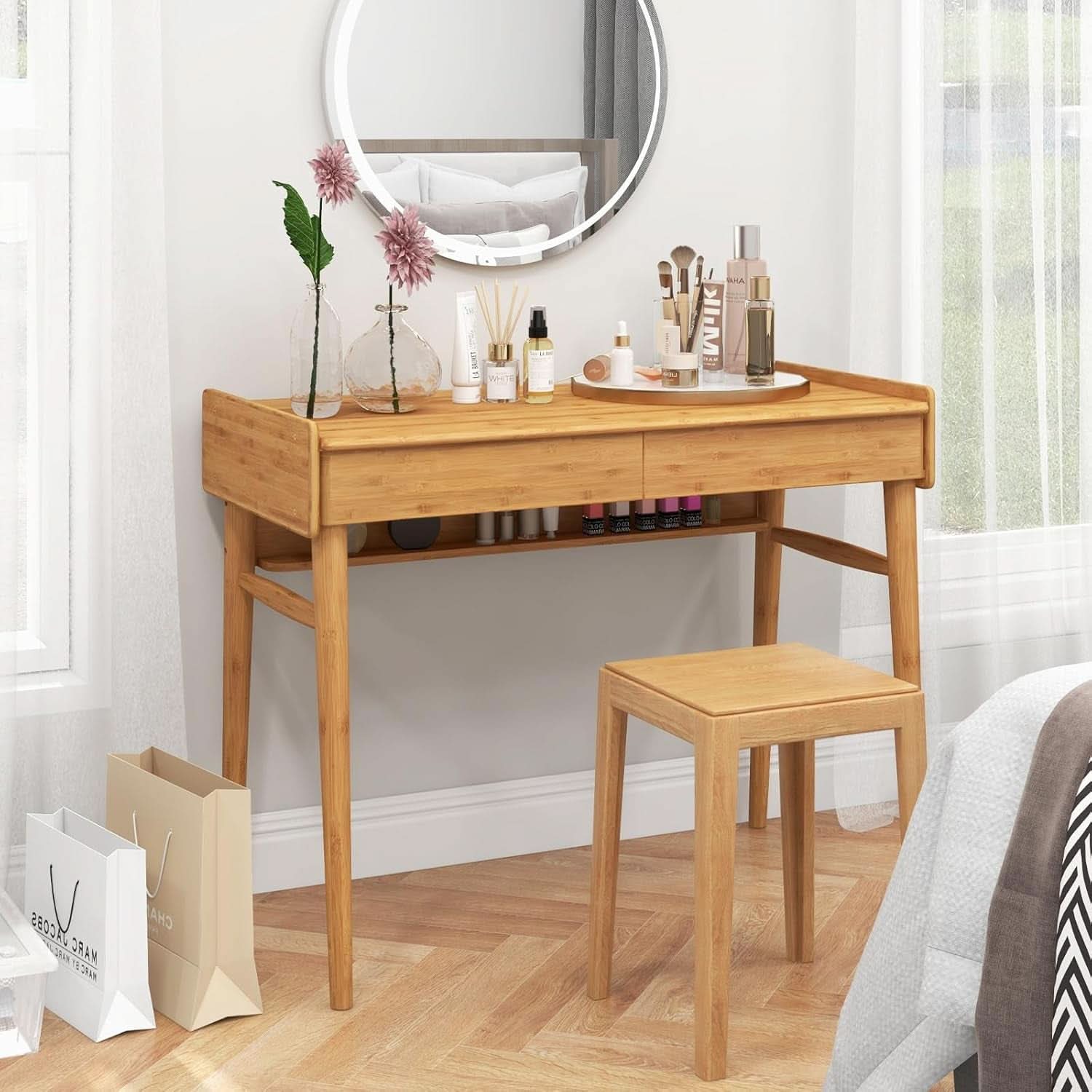Bamboo Computer Desk with Drawers and Open Shelf