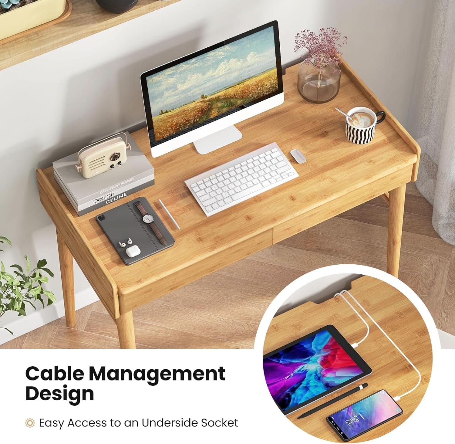 Bamboo Computer Desk with Drawers and Open Shelf