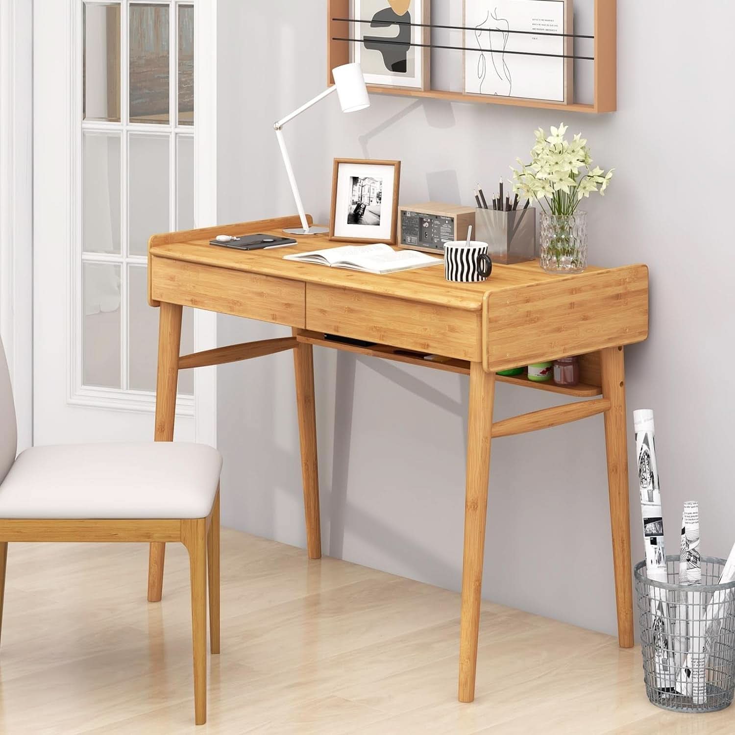 Bamboo Computer Desk with Drawers and Open Shelf