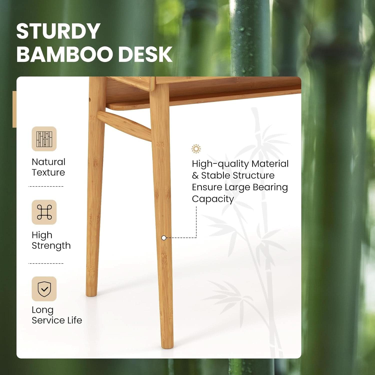 Bamboo Computer Desk with Drawers and Open Shelf