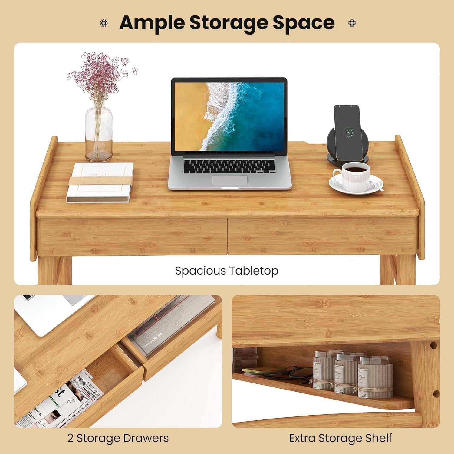 Bamboo Computer Desk with Drawers and Open Shelf