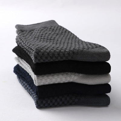 Bamboo fiber cotton socks mid tube men's socks double needle dark flower square grid socks