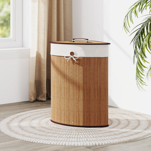 Bamboo Laundry Hamper Basket with Lid and Removable Liner Bag-Yellow