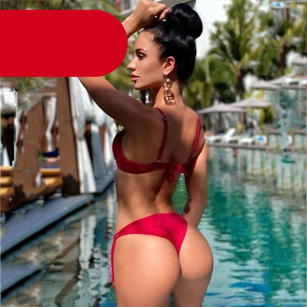 Bandage Push Up Bikini Set Solid Swimwear Women Bikini Sets Push Up Halter Swimsuits 2 Piece Underwired Bathing Suits for Ladies Summer Two Piece Swimsuit Beach Bathing Suit