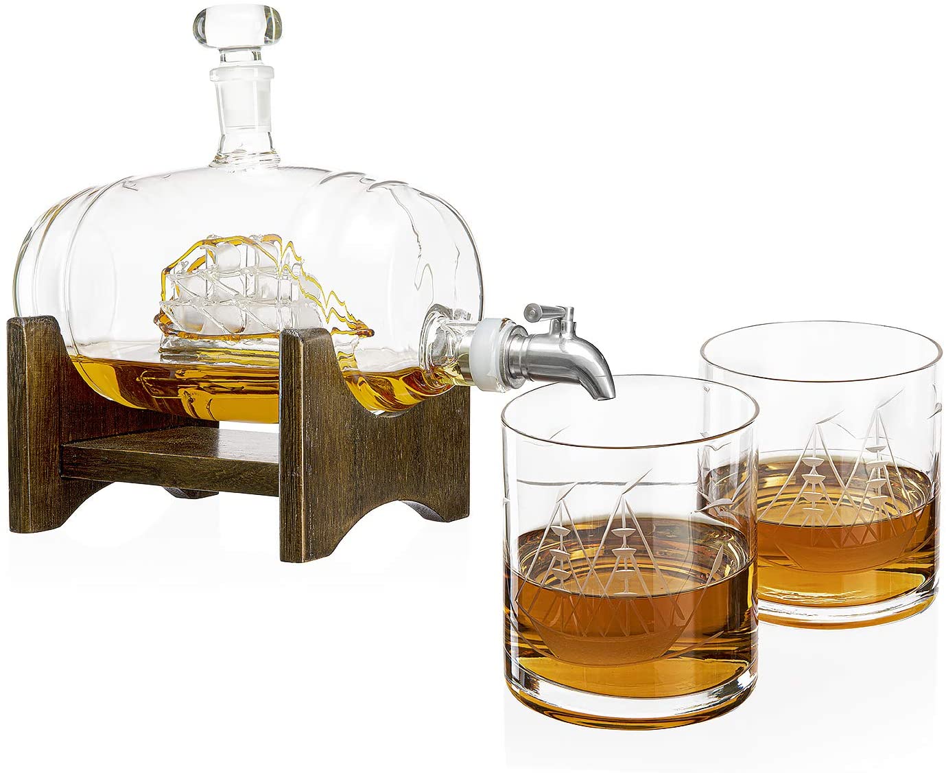 Whiskey Ship in a Barrel Decanter With Ship With 2-10 oz Glasses - By The Wine Savant, Whiskey & Wine Decanter Clear