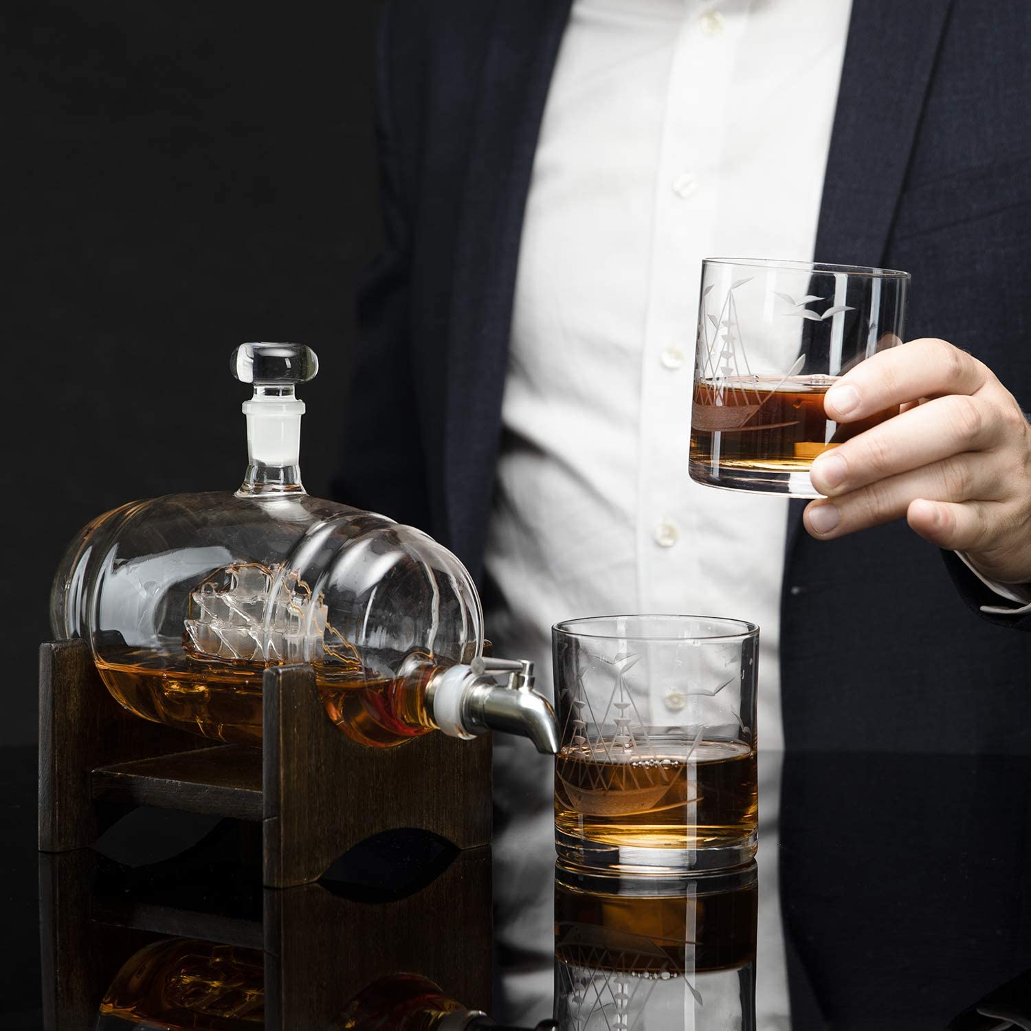Whiskey Ship in a Barrel Decanter With Ship With 2-10 oz Glasses - By The Wine Savant, Whiskey & Wine Decanter Clear