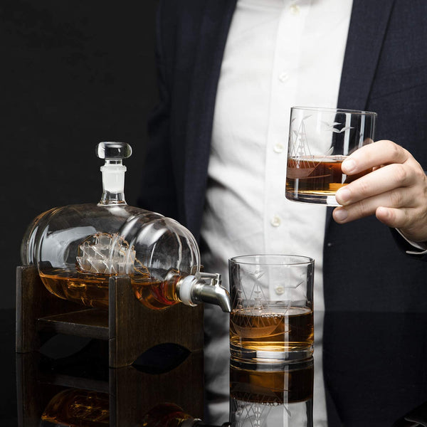 Whiskey Ship in a Barrel Decanter With Ship With 2-10 oz Glasses - By The Wine Savant, Whiskey & Wine Decanter Clear