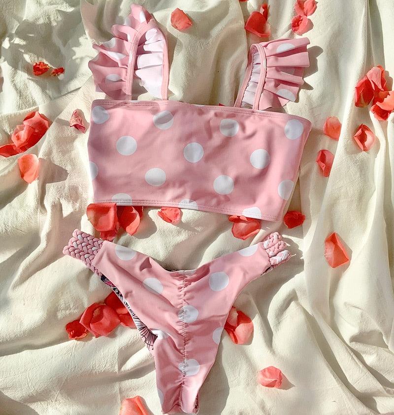 Bathing Suit Ruffle Strap Bikinis Swimwear Women's Spaghetti Strap Tie Back Ruffle Triangle Bikini Set Swimsuit Double-sided Print Swimsuit Dot Polka Bikini Set  Beach Wear