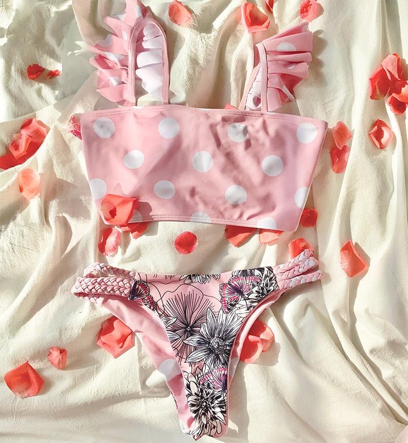 Bathing Suit Ruffle Strap Bikinis Swimwear Women's Spaghetti Strap Tie Back Ruffle Triangle Bikini Set Swimsuit Double-sided Print Swimsuit Dot Polka Bikini Set  Beach Wear