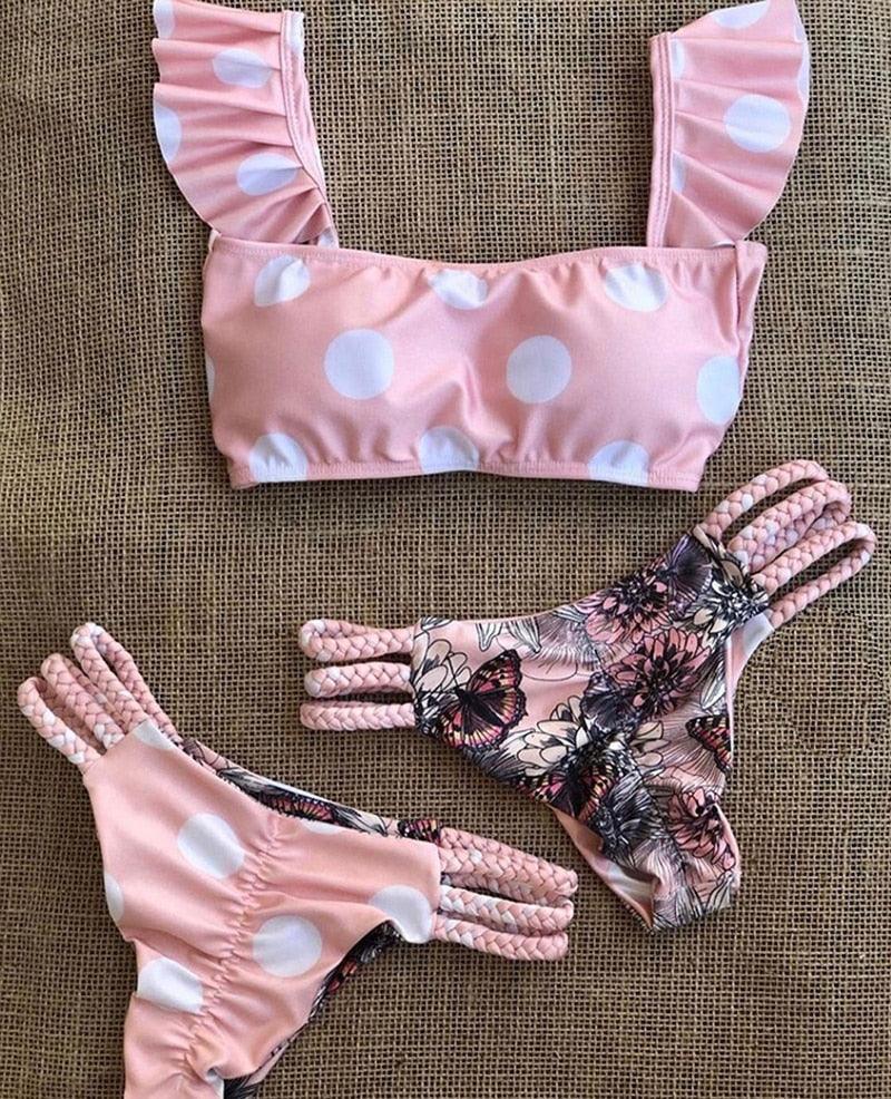 Bathing Suit Ruffle Strap Bikinis Swimwear Women's Spaghetti Strap Tie Back Ruffle Triangle Bikini Set Swimsuit Double-sided Print Swimsuit Dot Polka Bikini Set  Beach Wear