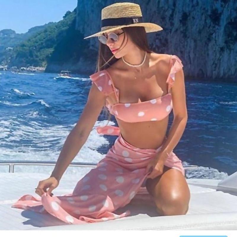 Bathing Suit Ruffle Strap Bikinis Swimwear Women's Spaghetti Strap Tie Back Ruffle Triangle Bikini Set Swimsuit Double-sided Print Swimsuit Dot Polka Bikini Set  Beach Wear