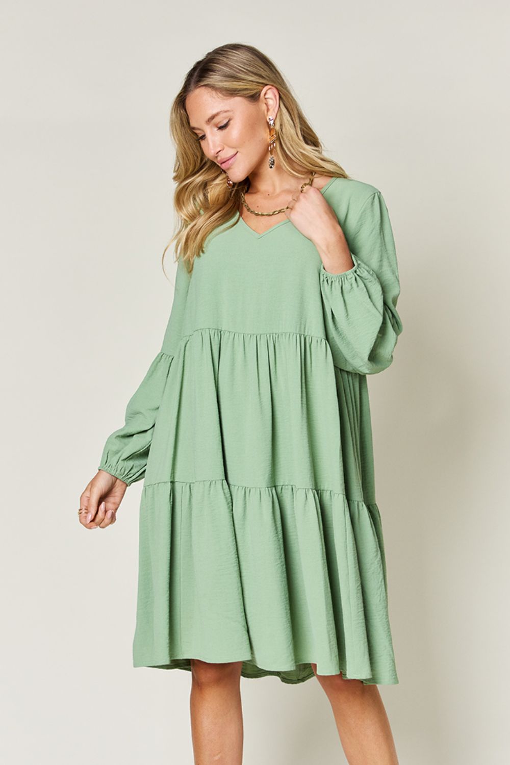 Light Green Double Take Full Size V-Neck Sleeve Tiered Dress with Pockets Elegant & Comfortable Casual Dress