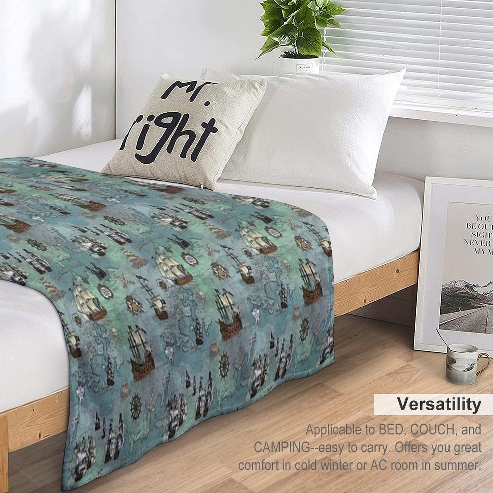 Pirate Map Nautical Sea Print Ocean Blue & Sea Glass Green Throw Blanket