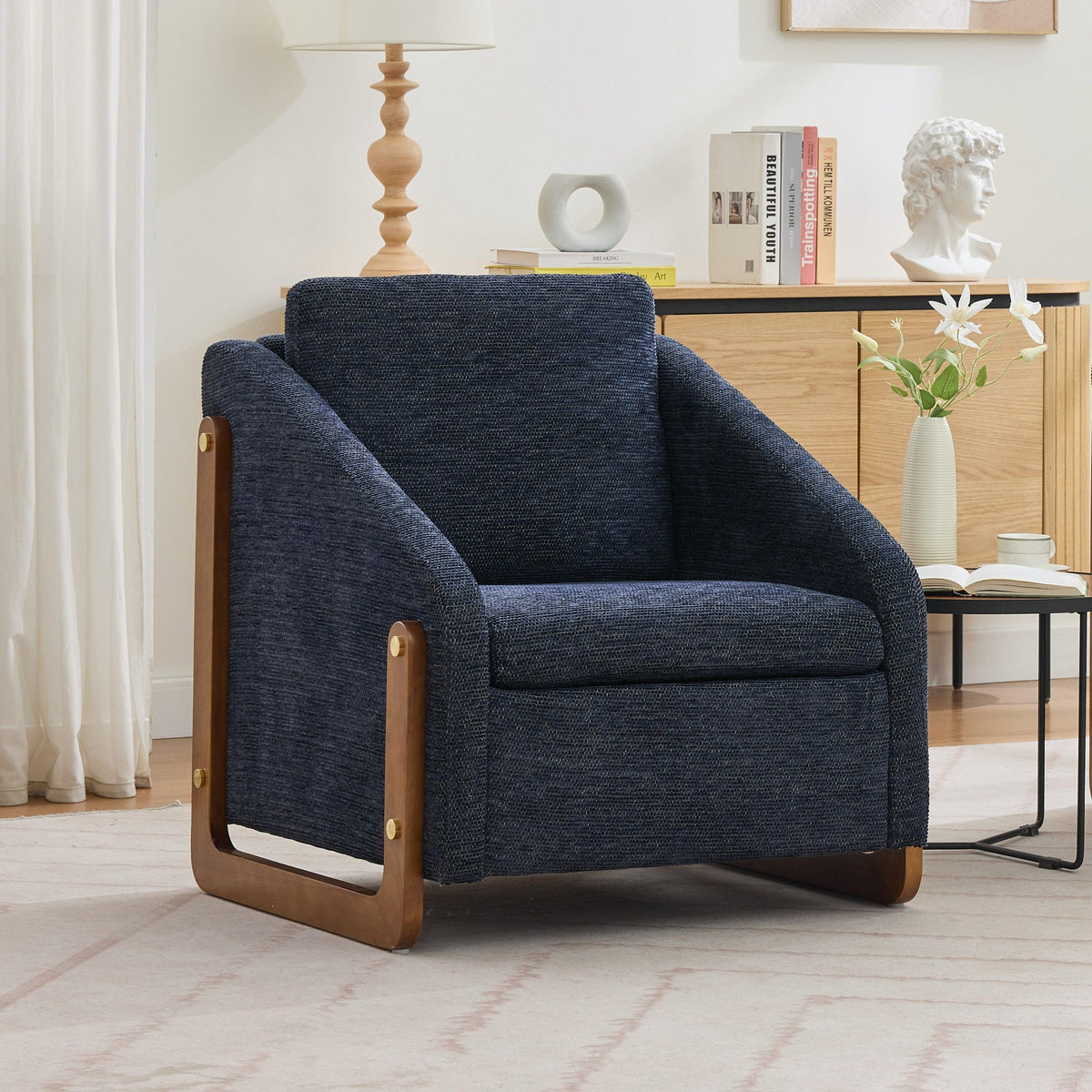 Modern Chenille Upholstered Armchair with Wooden Side Frame in Blue