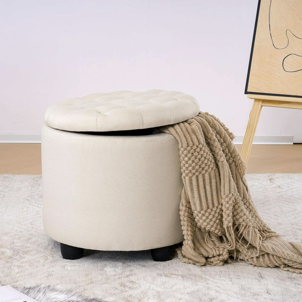 Beige Round Storage Ottoman Featuring Removable Lid