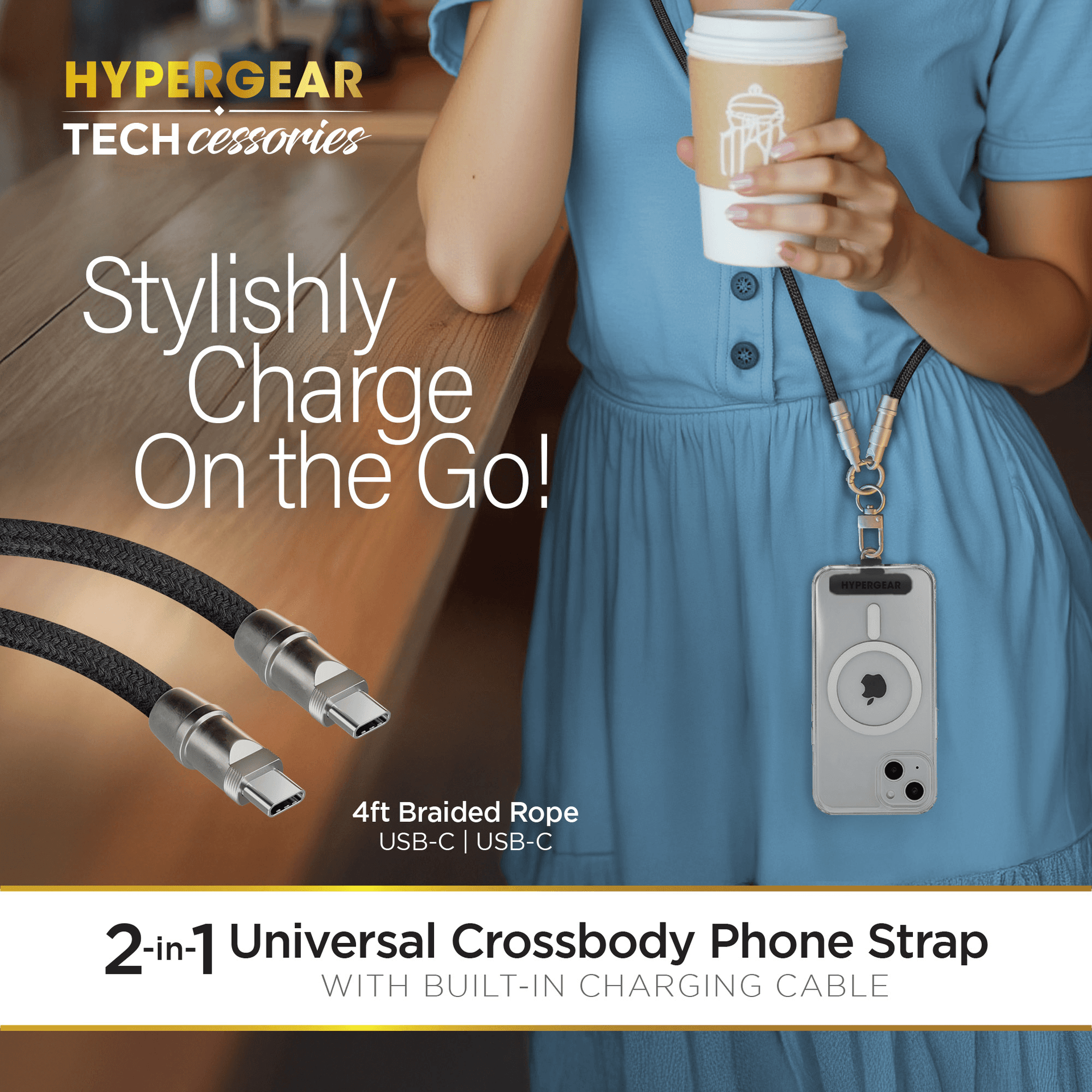 HyperGear 2-in-1 Universal Crossbody Phone Strap and Charging Cable